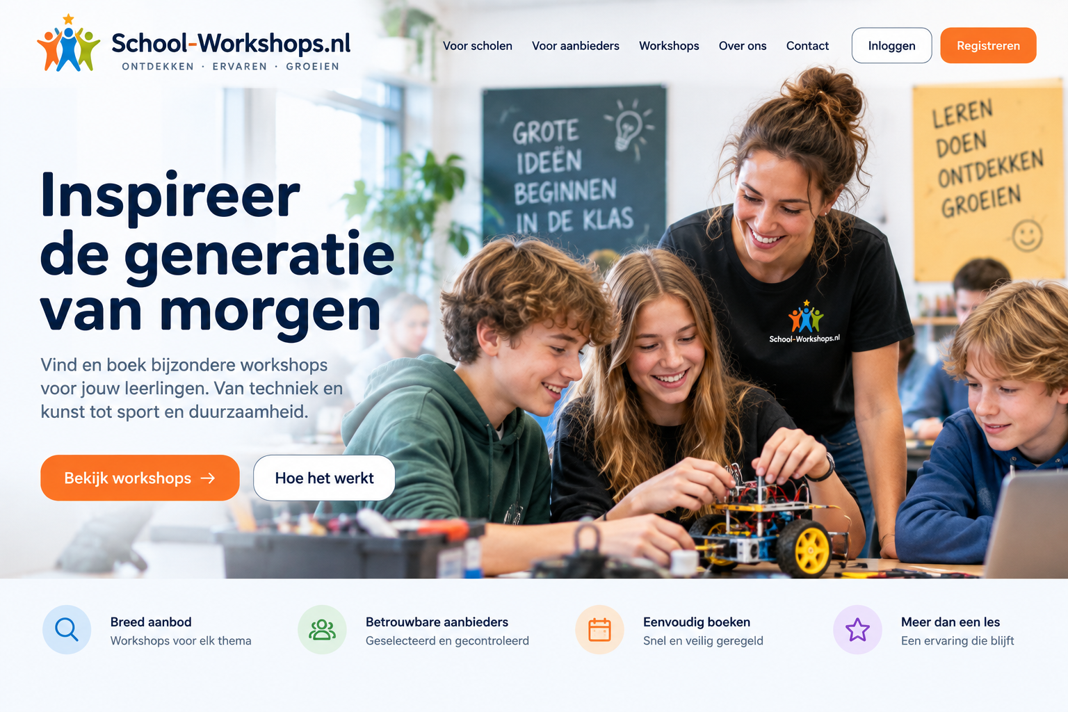 Leerlingen bouwen samen aan een robot tijdens een schoolworkshop